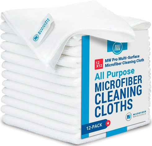 12" x 12" MW Pro Multi-Surface Microfiber Cleaning Cloths | White - 12 Pack | Premium Microfiber Towels for Cleaning Glass, Kitchens, Bathrooms, A...