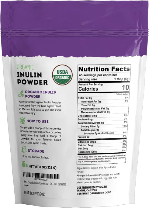 Kate Naturals Inulin Powder Organic for Prebiotic Fiber and Gut Health. Mix Well with Coffee & Smoothies (8oz, Organic, Blue Agave)...