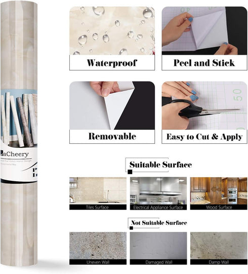 LaCheery Beige Marble Contact Paper for Countertops Waterproof Marble Look Countertop Peel and Stick Contact Paper Marble Wallpaper Peel and Stick...