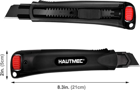 HAUTMEC 25mm Extra Heavy Duty Utility Knife with Double Lock Mechanism, Auto-Lock and Ratchet- Lock for Double Safety, SK2 Sharp Black Blade for I...