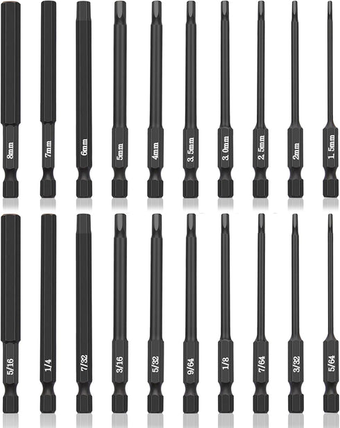 20 Piece Hex Head Allen Wrench Drill Bit Set, 1/4 Inch Hex Shank Metric and SAE S2 Steel Hex Bit Set, Magnetic Tips 3 Inch Long...