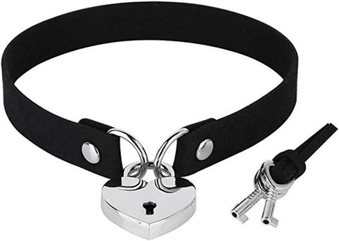 2Pcs Gothic Punk Rock PU Leather Love Heart Choker Collar Necklace Set Personality Key Lock Bell Chain Tassel Clavicle Necklace for Women Girlfrie...