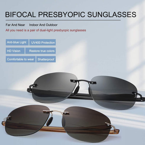 2 Pairs Rimless Bifocal Reading Glasses UV400 Protection Sunglasses Blue Light Blocking Lightweight Sun Readers for Unisex Men Women Outdoor Drivi...