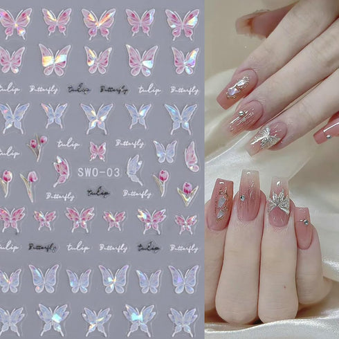 Shiny Pink Butterfly Nail Art Sticker Butterfly Nail Decals 3D Self-Adhesive Nail Art Supplies Laser Glitter Butterflies Nail Design Stickers for ...