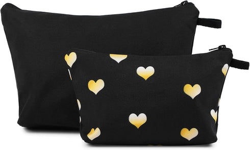 Set of 2 Hearts Makeup Travel Bags for Women Girls, Small Cute Cosmetic Storage Pouch, Toiletry Organizer, Black, 2 Sizes...