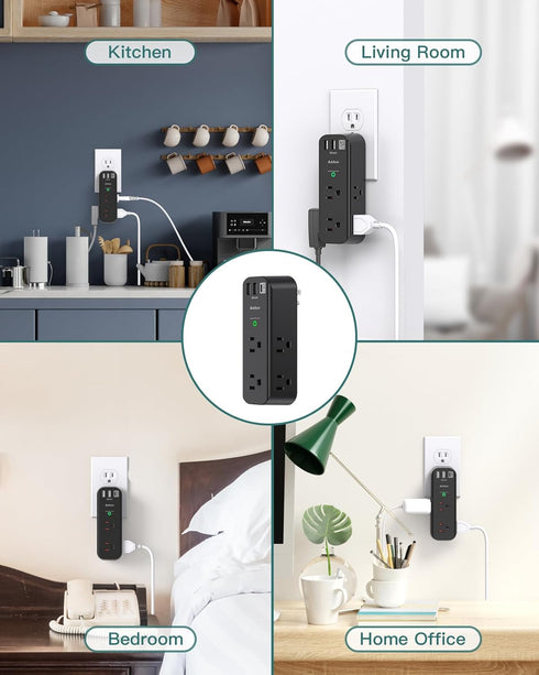 Surge Protector Outlet Extender - with Rotating Plug, 6 AC Multi Plug Outlet with 3 USB Ports, 1800J Wall Charger, 3-Sided Power Strip with Spaced...