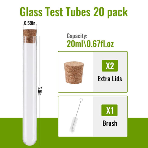 15x150mm Glass Test Tubes with Cork Stoppers 20 ml, 20 Pack Plant Propagation Tubes, Small Clear Test Tubes for Shots, Ants, Lab, Scientific Exper...