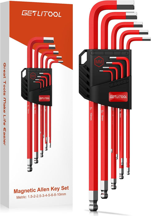 GETLITOOL 9PCS Magnetic Allen Key Set, S2 Steel Metric Long Arm Allen Wrench Set with Storage Bracket, Ball End Hex Key with Size-Marked for Bicyc...