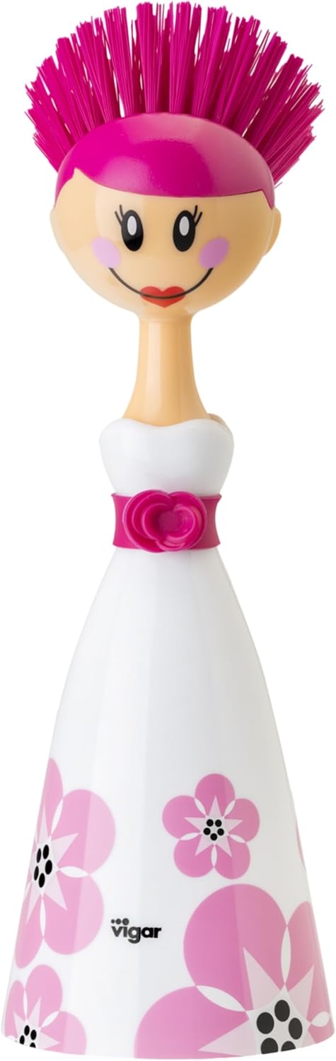 Vigar Dolls April Dish Brush with Ergonomic Handle and Dres-shaped Storage Holder - Scrub Brush for Pans, Pots, Kitchen Sink Cleaning, White, Pink...