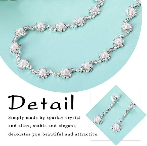 Wedding Brides Necklace Earrings Set Sliver Pearl Necklaces Bride Rhinestones Jewelry Set Crystal Choker Necklace Bridal Accessories for women...