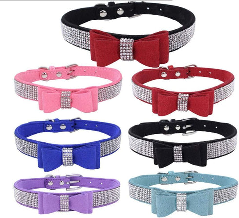 Rhinestones Bowknot Pet Dog Collar Adjustable Sparkly Crystal Studded Velvet Collar for Puppy Small Medium Large Pet,Pink,XS:(Neck 8-10.6")...