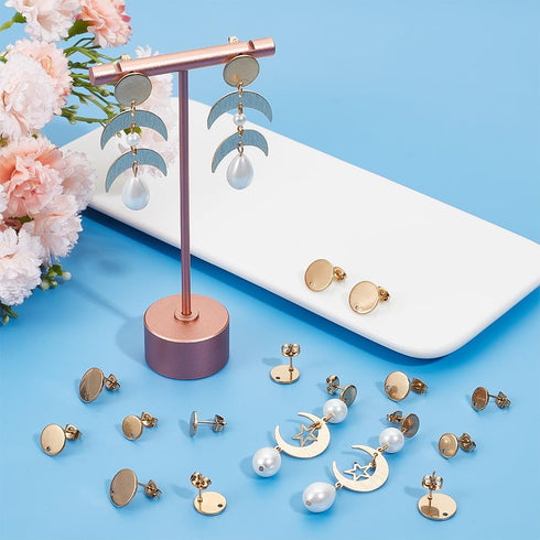 1 Box 36Pcs 3 Size Round Earring Posts Stainless Steel Stud Earring Findings with Loop Gold Hypoallergenic Blank with Butterfly Ear Back Flat Pad ...