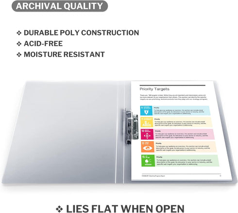CRANBURY Punchless Clamp Binder Folder (Dusky Gray) - 8.5x11" Clear Binder with Metal Clip and Poly Covers, Ringless Binder Holds 100 Letter Size ...