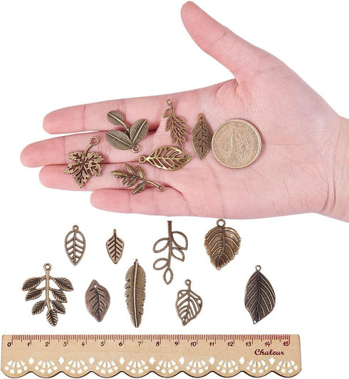 PH PandaHall 150pcs 15 Styles Tree Leaf Charms Pendants, Tibetan Branch Leaves Charms Metal Alloy Leaf Beads Antique Bronze Dangle Charm for Fall ...