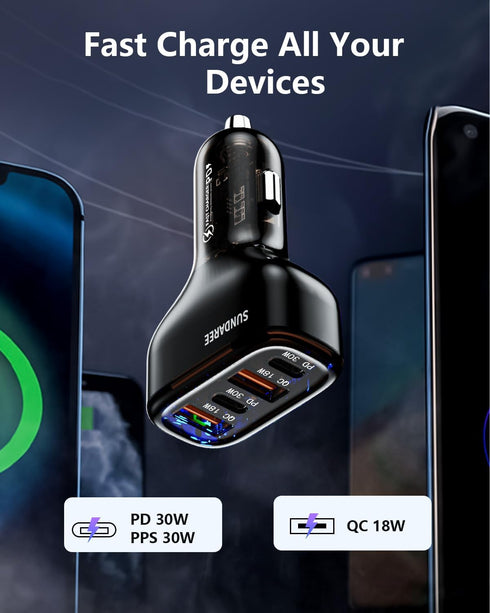 SUNDAREE Car Charger Multi Port, 60W Super Fast USB C Car Charger Adapter, Dual PD30W/PPS33W for iPhone 15/14/13/Pro Max/Pro/Samsung Galaxy and Mo...
