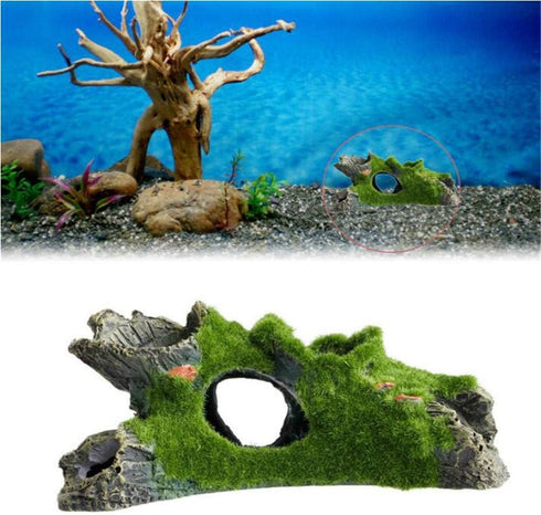 Resin Artificial Fish Tank Decorations,Small Size Driftwood with Moss Ornaments Fish Hideouts House for Aquarium Landscaping Decoration (B)...