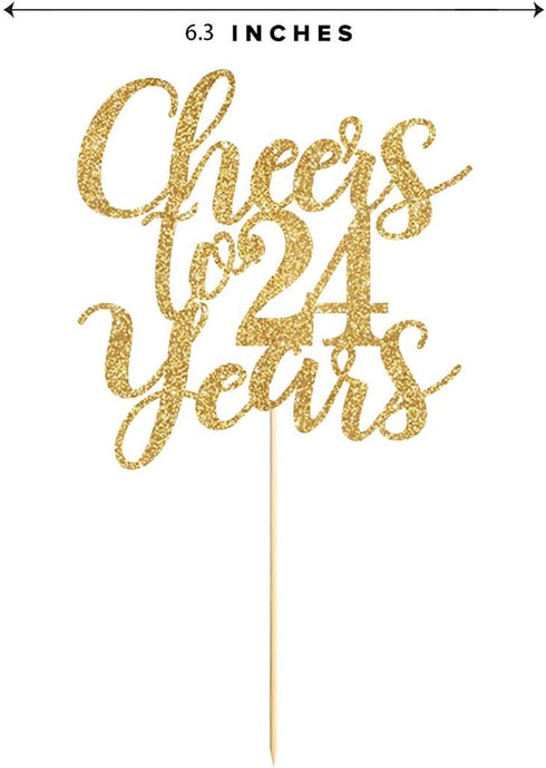Gold Glitter Cheers to 24 years cake topper, Gold Happy 24th Birthday Cake Topper, Birthday Party Decorations, Supplies...