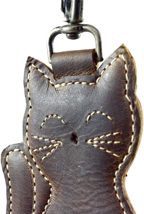 Hide & Drink, Cat-Shaped Keychain, Stuffed Animal-Shaped Ornament, Cat-Shaped Ornament, Key Organizer, Full Grain Leather, Handmade, Bourbon Brown...