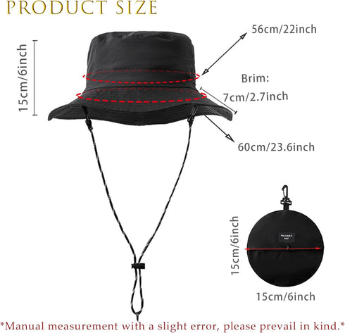 Waterproof Bucket Rain Hat with Chin Strap, Packable Sun Hat for Men Women Summer Lightweight Hiking Outdoor Cap Quick Dry Fishing Bucket Hat Blac...
