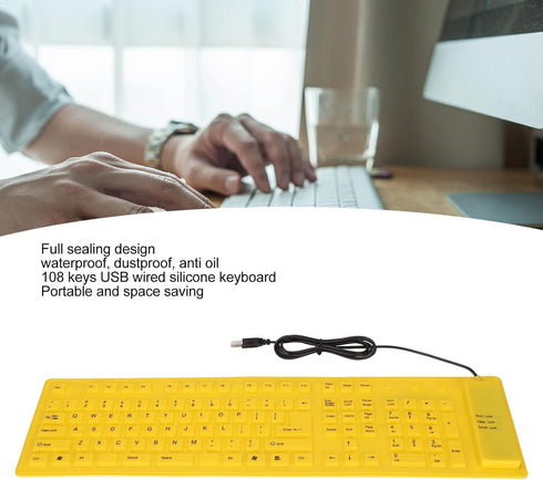 ASHATA Foldable Silicone Keyboard USB Wired Keyboard Mute Waterproof Rollup Keyboard for PC Laptop Notebook, 2 Color, 108 Keys(Yellow)...
