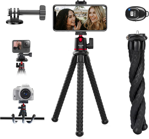 Flexible Phone Tripod for GoPro, Mini Camera Stand with Remote, 1/4'' Screw with Phone Holder&Cold Shoe, Tripod Holder for iPhone Samsung Canon Ni...