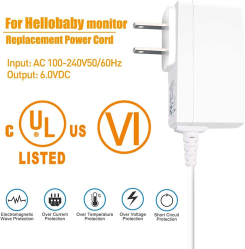 6V Power Charger Cord for HelloBaby HB32 HB28 H24 HB32RX RJ-AS060600U003, DXR-5 Breg D0660 Baby Monitor Charger, GPX PC308B PC332B PC108B PC800 Po...