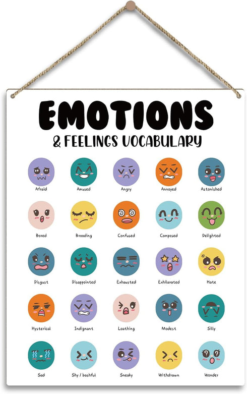 Mental Health Wood Sign Psychology Gift, Wall Hanging Sign with Twine, Emotions & Feelings Vocabulary - Shelf Wood Art Sign, Counseling Room Thera...