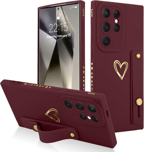 Fiyart Designed for Samsung Galaxy S24 Ultra Case with Phone Stand Holder Cute Love Hearts Protective Camera Protection Cover with Wrist Strap for...