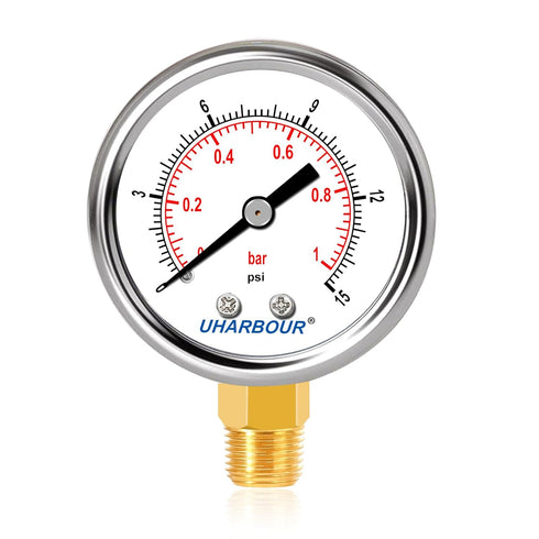 Lead-Free Water Pressure Gauge Liquid Filled 0-15Psi 2" Dial, Stainless Steel Case, 1/4" NPT Lower Mount, Water Pressure Gauge for Home...