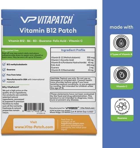 Vitamin B12 Patch for Energy Plus – 30 Count Vitamin B12 Patches – B12 Vitamins with Methylcobalamin & Guarana...
