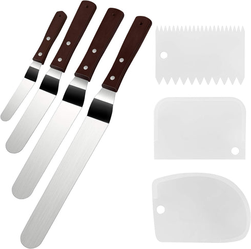 4 Packs Offset Spatula, Stainless Steel Cake Icing Spatula Set 4” 6” 8” 10”with Wooden Handle and 3 Packs Cake Smoother Scraper Set for Cake Decor...