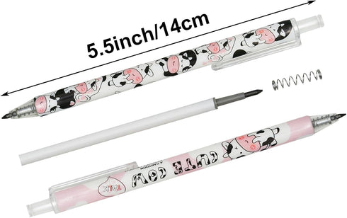 Maydahui 12Pcs Cartoon Milk Cow Eternal Pencils Retractable HB 0.5mm Cow Print Everlasting Pencils Magic Inkless Pencil for Student Teacher School...