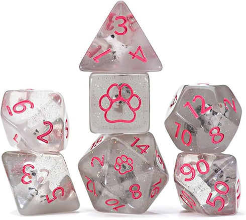 Gate Keeper Games and Dice: Inclusion Dice: Cat Dice - 7pc RPG Set, Grey w/ White Kitten Figure, Pink Numerals, 7 Resin Dice for Role Playing Game...