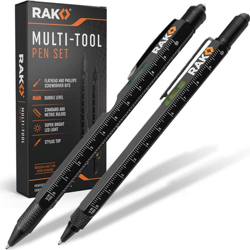 RAK Multi-Tool 2Pc Pen Set - LED Light, Touchscreen Stylus, Ruler, Level, Bottle Opener, Phillips Screwdriver, Flathead, and Ballpoint Pen...