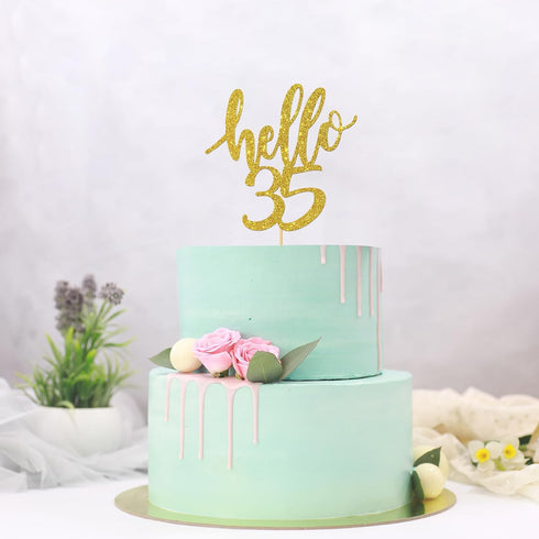 Hello 35 Cake Topper – 35th Birthday / 35th Anniversary Party Cake Decoration, 35th Birthday / 35th Anniversary Party Decorations Supplies (Gold, ...