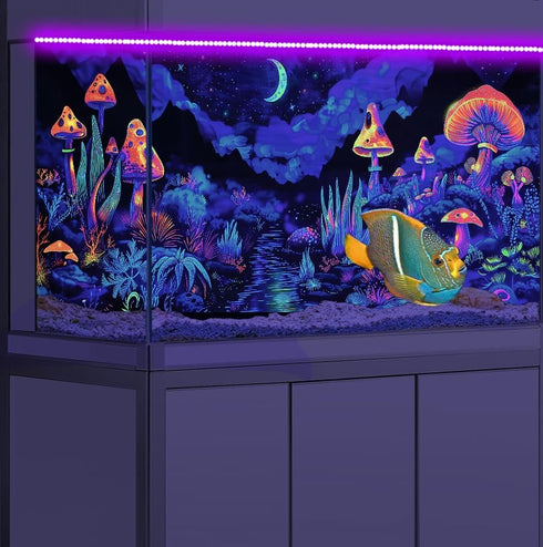 30X18IN Blacklight Mushroom Flower Black Light Aquarium Background, UV Fish Tank Background Moonlight Mountain Forest Landscape Terrarium Backgrou...