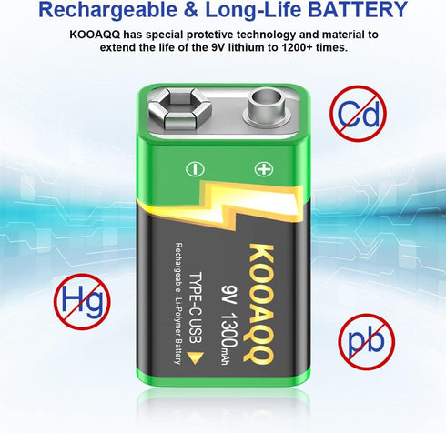 9V Rechargeable Batteries, High Capacity 1300mAh (2024 New Version) Rechargeable 9 Volt Square Batteries for Smoke Detector/Alarms,Metal Detector,...
