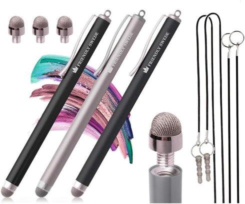 The Friendly Swede Mesh Tip Stylus Pen for Touchscreen — 3-Pack Micro-Knit Capacitive Stylus Pen for iPad & iPhone with 3 Replaceable Fiber Tips, ...