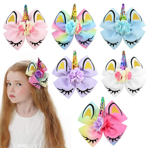 Girls Unicorn Hair Bows with Alligator Hair Clips Cheer Bows Hair Accessories for Kids Toddlers 6 Packs...