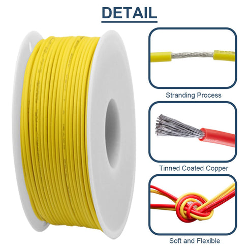 26 Gauge Silicone Wire 600V 26 AWG Stranded Tinned Coated Copper Wires 3 Color (Black, Red, Yellow) 7m/23ft Each Electrical Cable Hook Up Wire Kit...