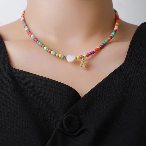 Gold Initial Necklace for Women - Handmade Bohemian Colorful Beaded Initial Stainless Steel 18K Plated Gold Choker Necklace with Heart Shells Lett...