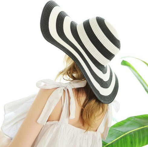 Womens Sun Straw Hat Wide Brim Sun Hat Sun Protection Straw Hat UV Foldable Roll Up Floppy Beach Cap Black and White...