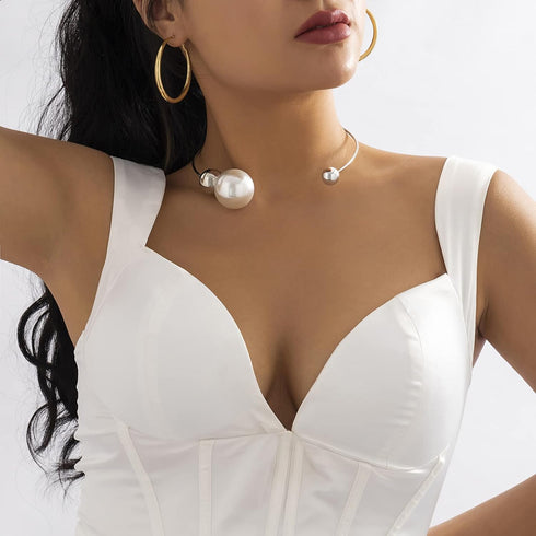 Metal Big Pearl Open Choker Necklace Adjustable Silver Big Pearl Choker Necklaces for Women Round Open Cuff Necklace Elegant Cuff Collar Necklace ...
