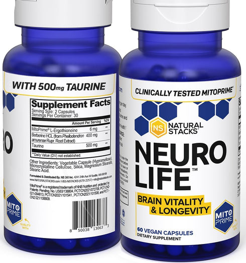 NEUROLIFE Brain Supplement for Cognitive Vitality - Longevity Support w/Taurine 500mg - Clinically Tested MitoPrime L-Ergothioneine - Berberine fo...