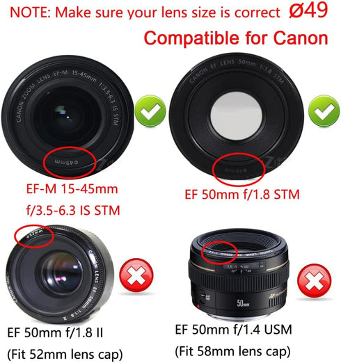 49mm Lens Cover Cap for Canon M50 M100 M6 w/ EF-M 15-45mm IS STM Lens, Sony RX1R w/ SEL 18-55mm, NEX-7 w/ E 55-210mm Lens (2 Packs)...