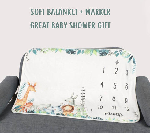 Popfavors, Yuzioey Safari Baby Monthly Milestone Blanket - Jungle Animals Growth Chart for Nursery Decor - White, 50Inx40In - Includes Marker...