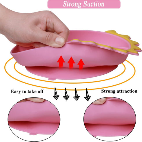 Suction Plates for Baby,Silicone Toddler Plates with Spoon Fork set Divided Dinosaurs Plates Self Feeding Training Baby Dinner Plate-Pink Dinosaur...