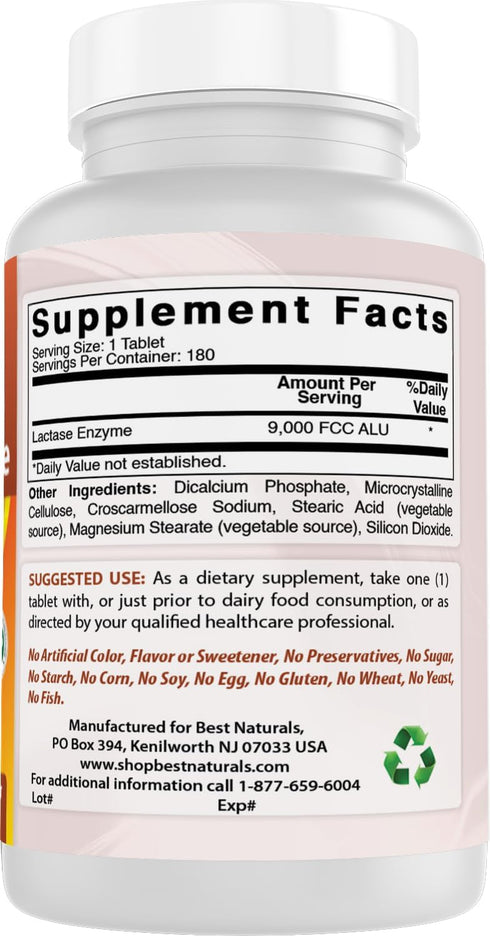 Best Naturals Lactose Intolerance Relief Tablets with Natural Lactase Enzyme, Fast Acting High Potency Lactase, 9000 FCC ALU, 180 Count...