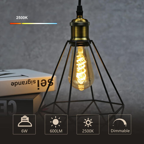 ST58 (ST19) Vintage Edison LED Bulb, Warm White 2500K, Antique Flexible Spiral LED Filament Light Bulb, 600LM Dimmable, 6W Equivalent to 60W, CRI ...