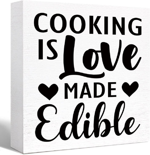 Kitchen Wood Box Signs,Cooking is Love Made Edible Kitchen Wood Block Signs with Sayings for Kitchen Table Decor,Funny Kitchen Sign Decor for Shel...